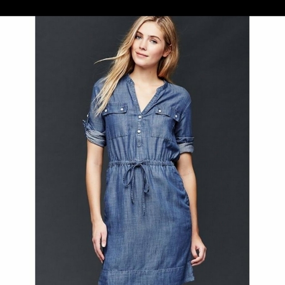 GAP Chambray Utility Dress Denim Tencel blue‎ - Picture 1 of 13